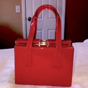 Alyssa - Red with Gold Detail Patent Box‎ Handbag